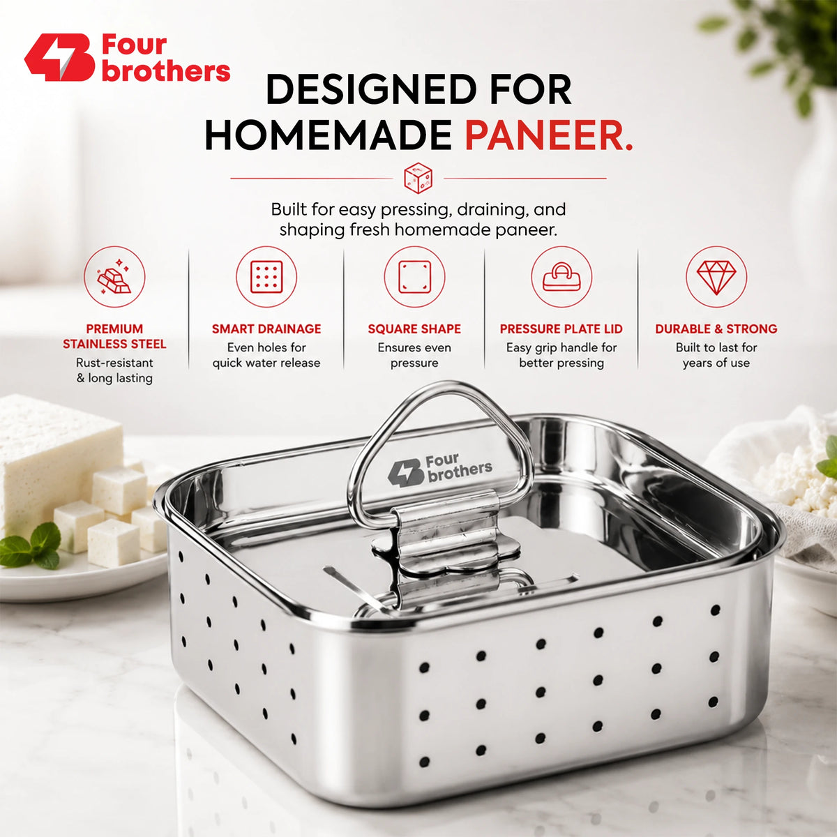 Four Brothers Stainless Steel Paneer Mould used for paneer, tofu, cheese and sprouts at home