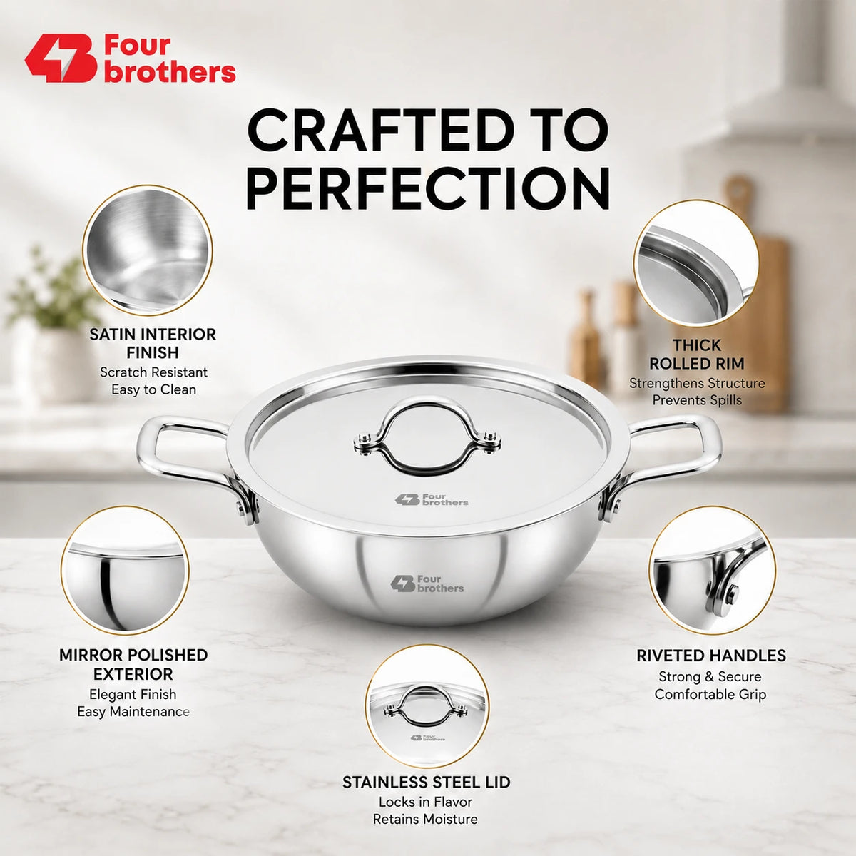 Triply Stainless Steel Kadai with Lid, Induction & Gas | Four Brothers