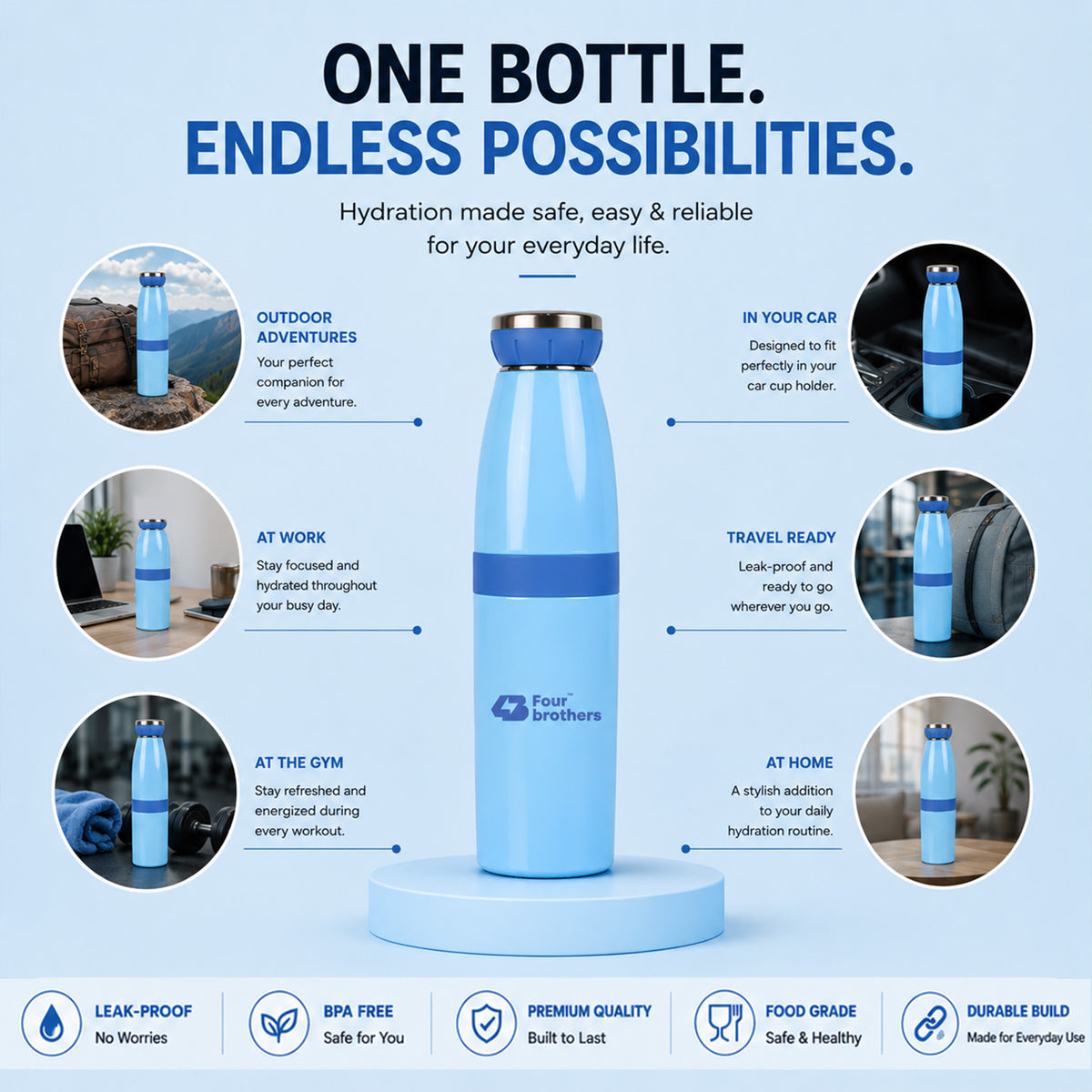 Four Brothers Stainless Steel Water Bottle ( Polo ) – Single Wall, Leakproof, Lightweight