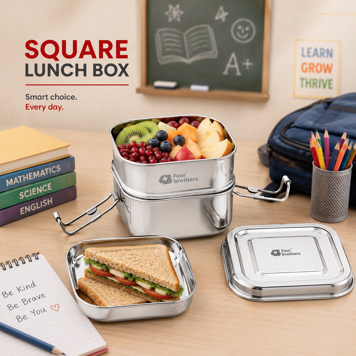 Square Lunch Box – Double Decker (100% Stainless Steel)