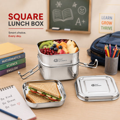 Square Lunch Box – Double Decker (100% Stainless Steel)