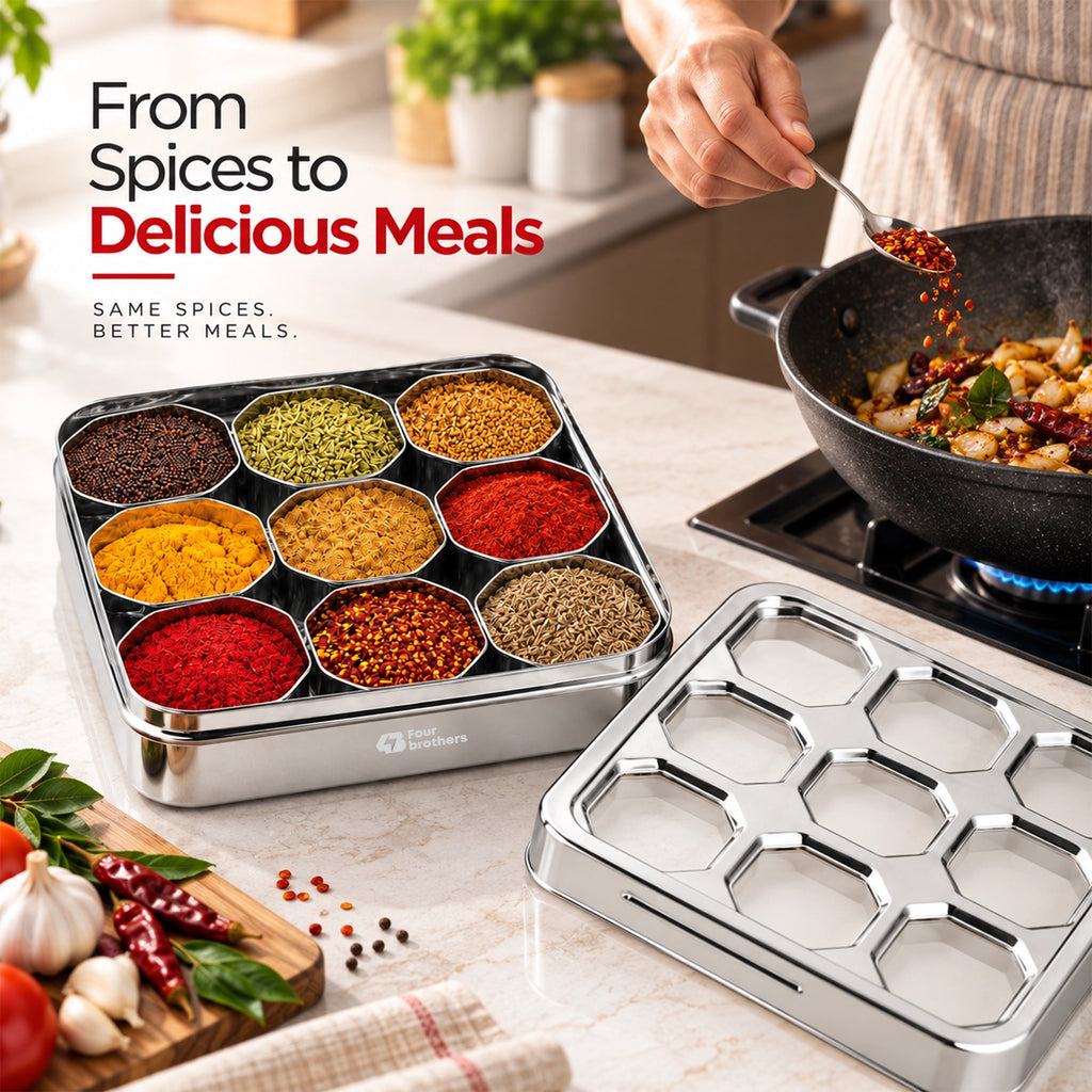 Matrix Stainless Steel Spice & Dry Fruit Box, 9 in 1 | Four Brothers