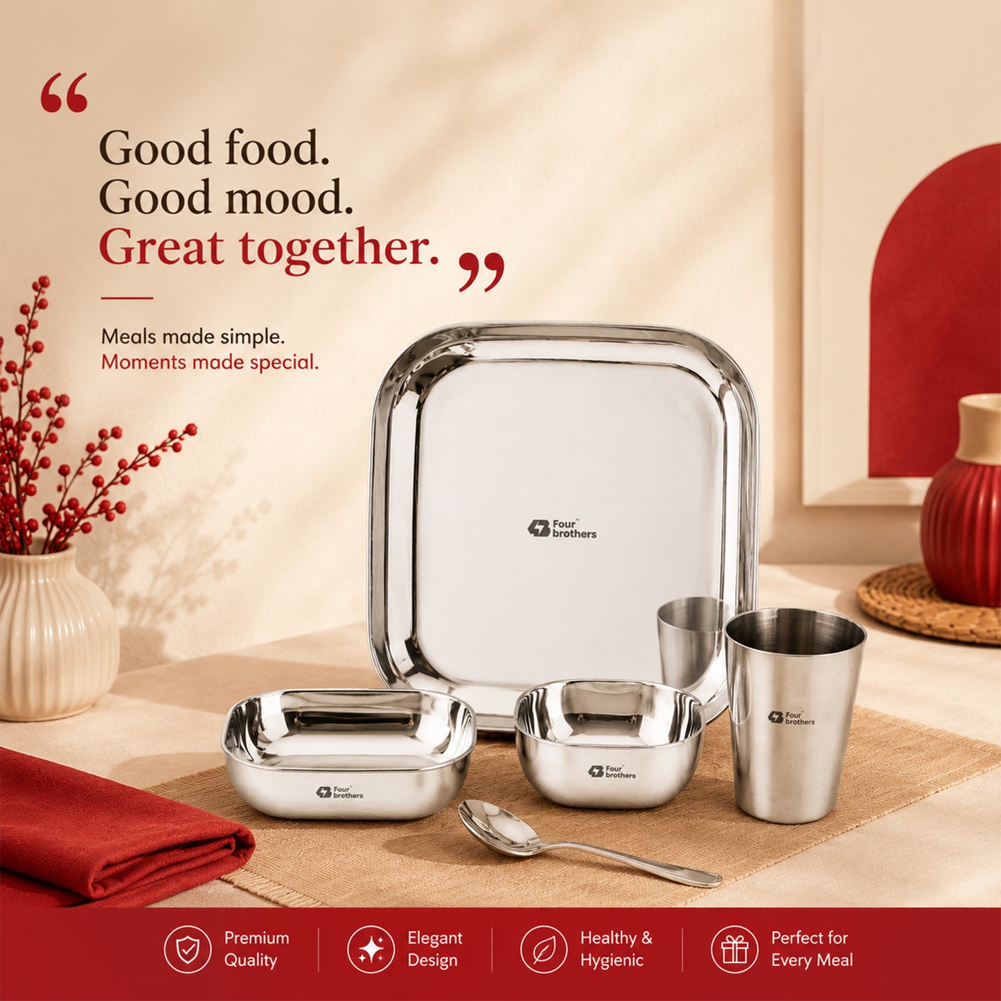 Square Thali Set 5 Pieces – 100% Stainless Steel, Rust‑Proof