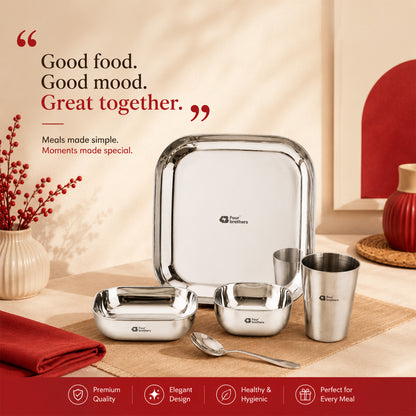 Square Thali Set 5 Pieces – 100% Stainless Steel, Rust‑Proof