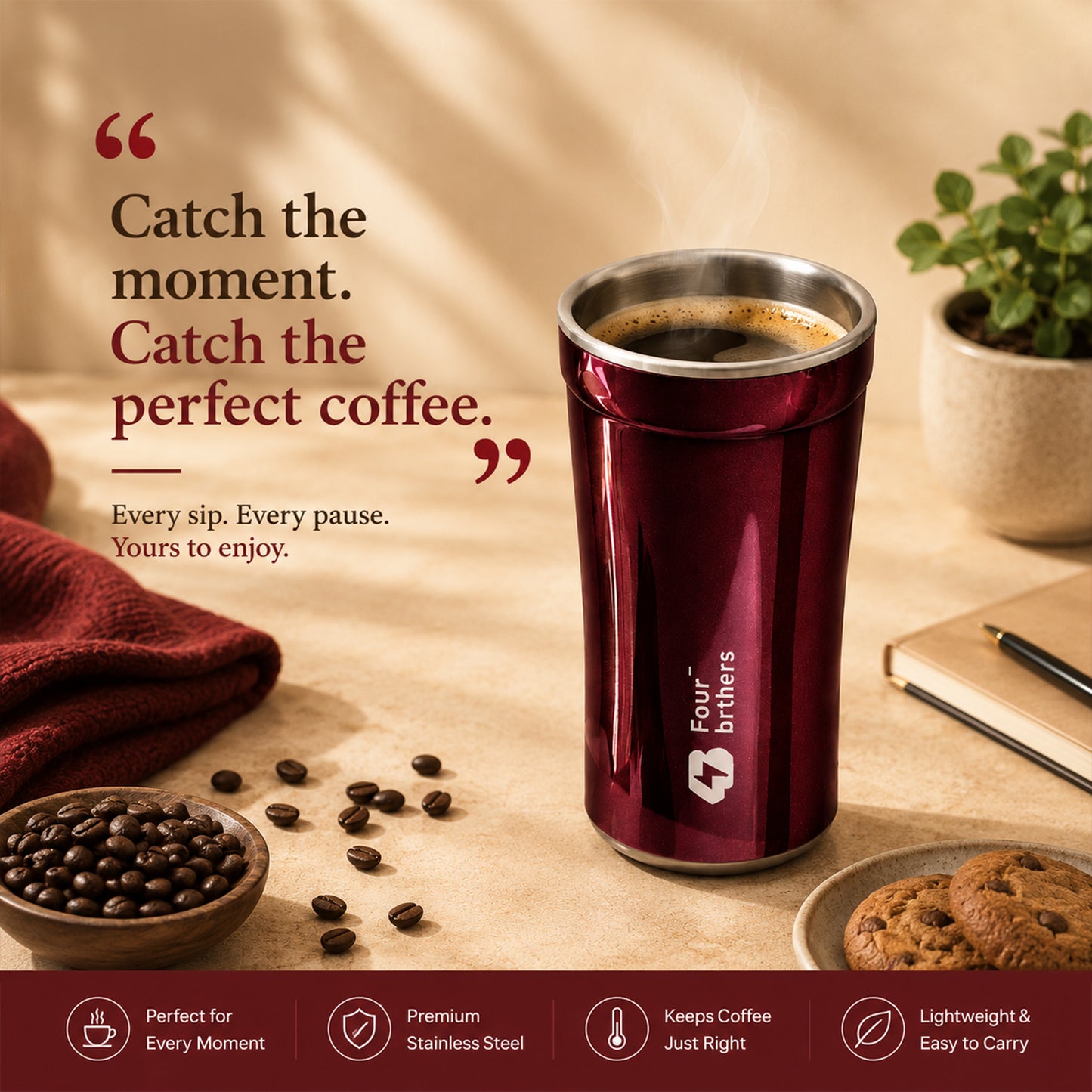 Catch Coffee Mug with Lid – Double Wall | 304 Stainless Steel (280ml)
