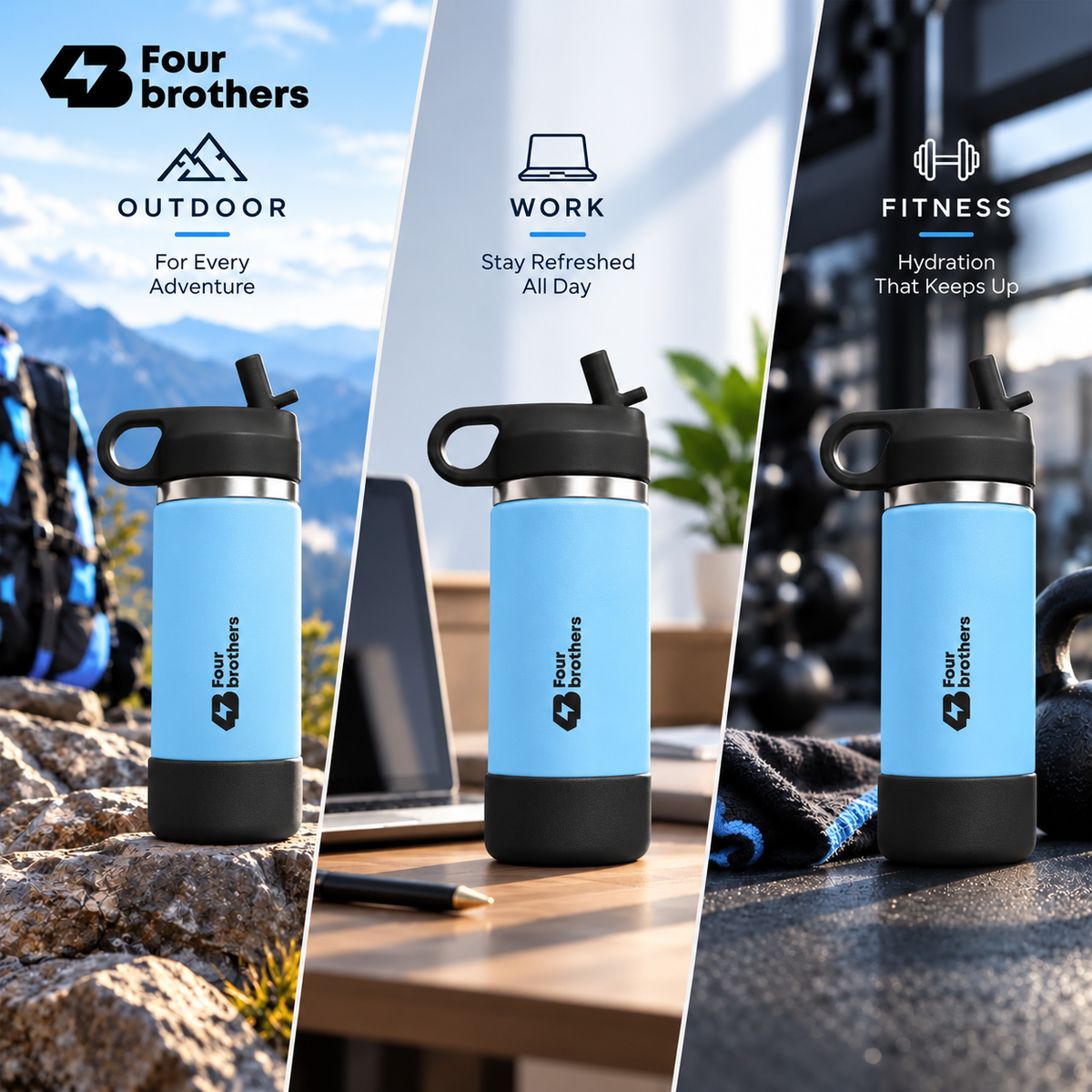 Wave Active Hot and Cold Stainless Steel Straw Bottle 600ml Four Brothers