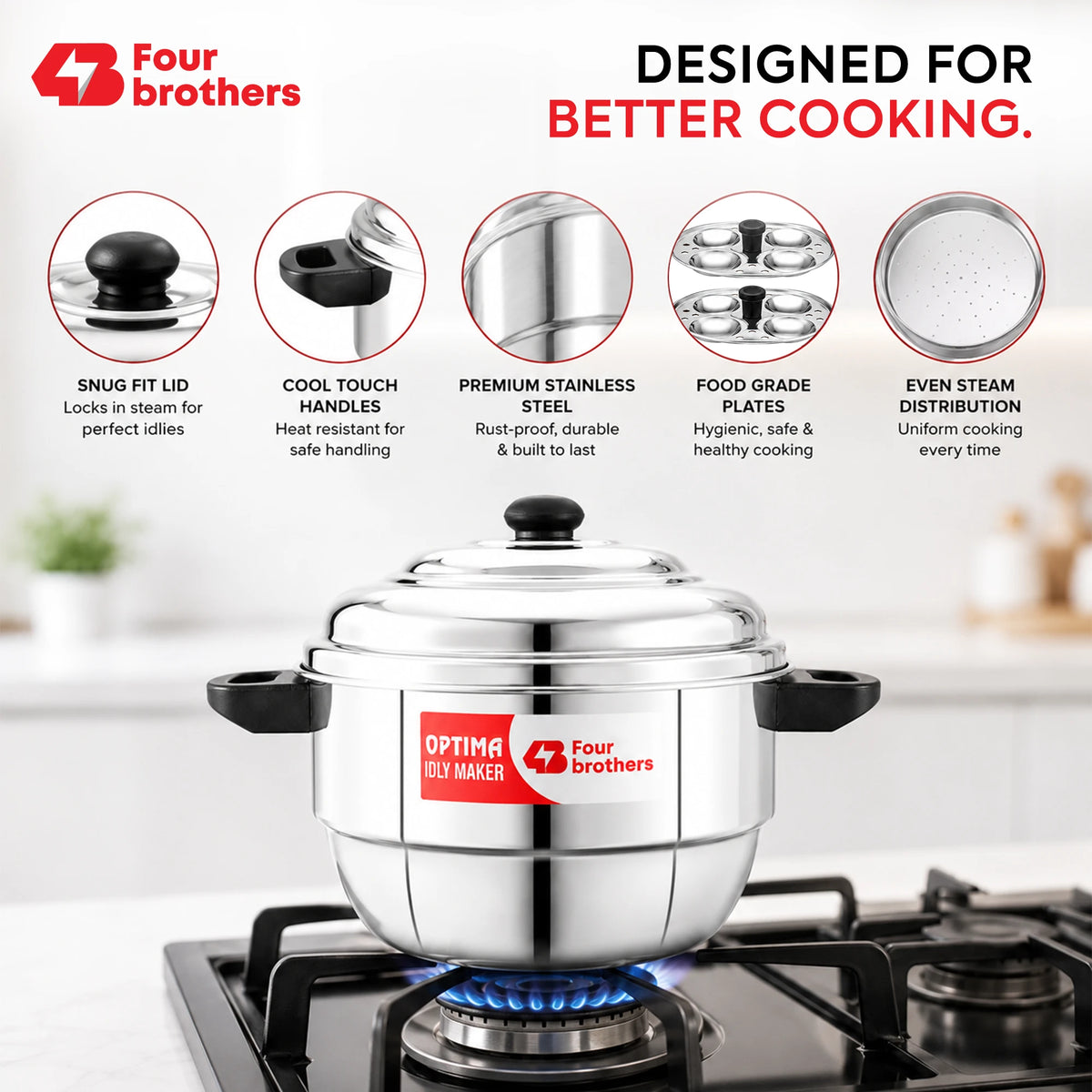 Optima Stainless Steel Idly Maker, Induction & Gas | Four Brothers