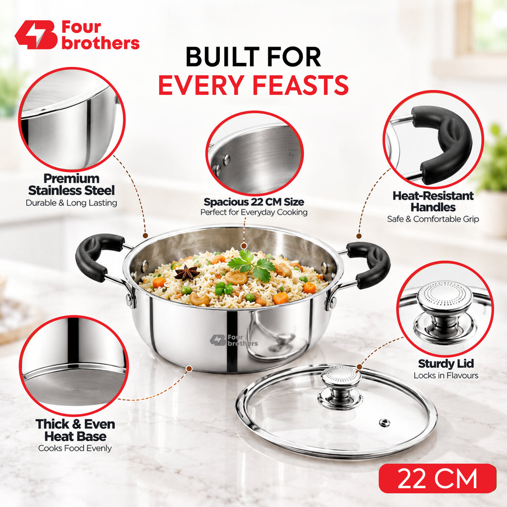 Stainless Steel Feast Kadai with Glass Lid (3 Litres) | Four Brothers