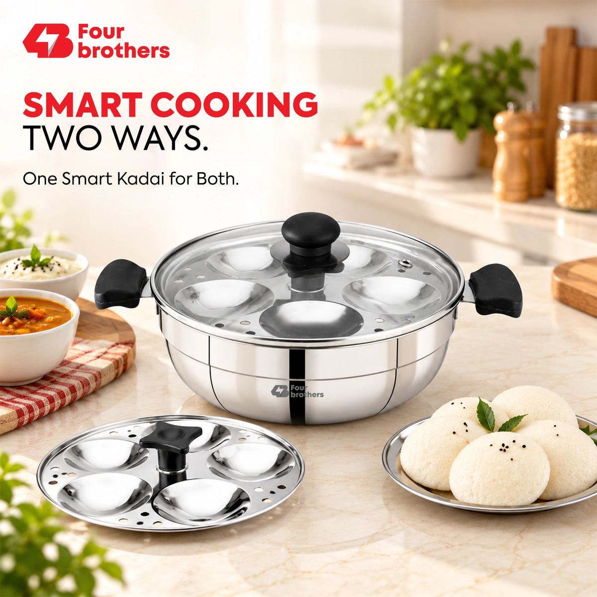 Smart Multi Kadai and Idly Pot with Glass Lid, Stainless Steel | Four Brothers