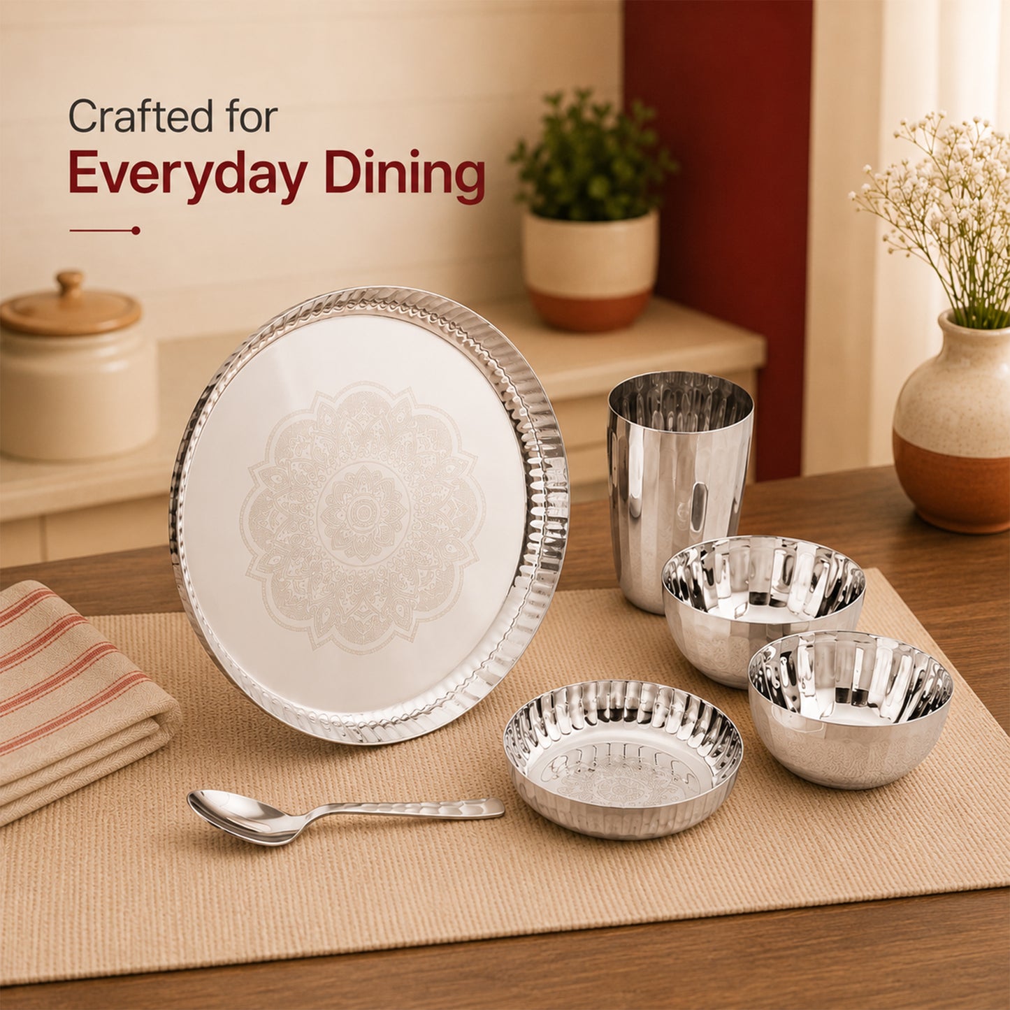 Classic Stainless Steel Thali Set – Laser Print Finish