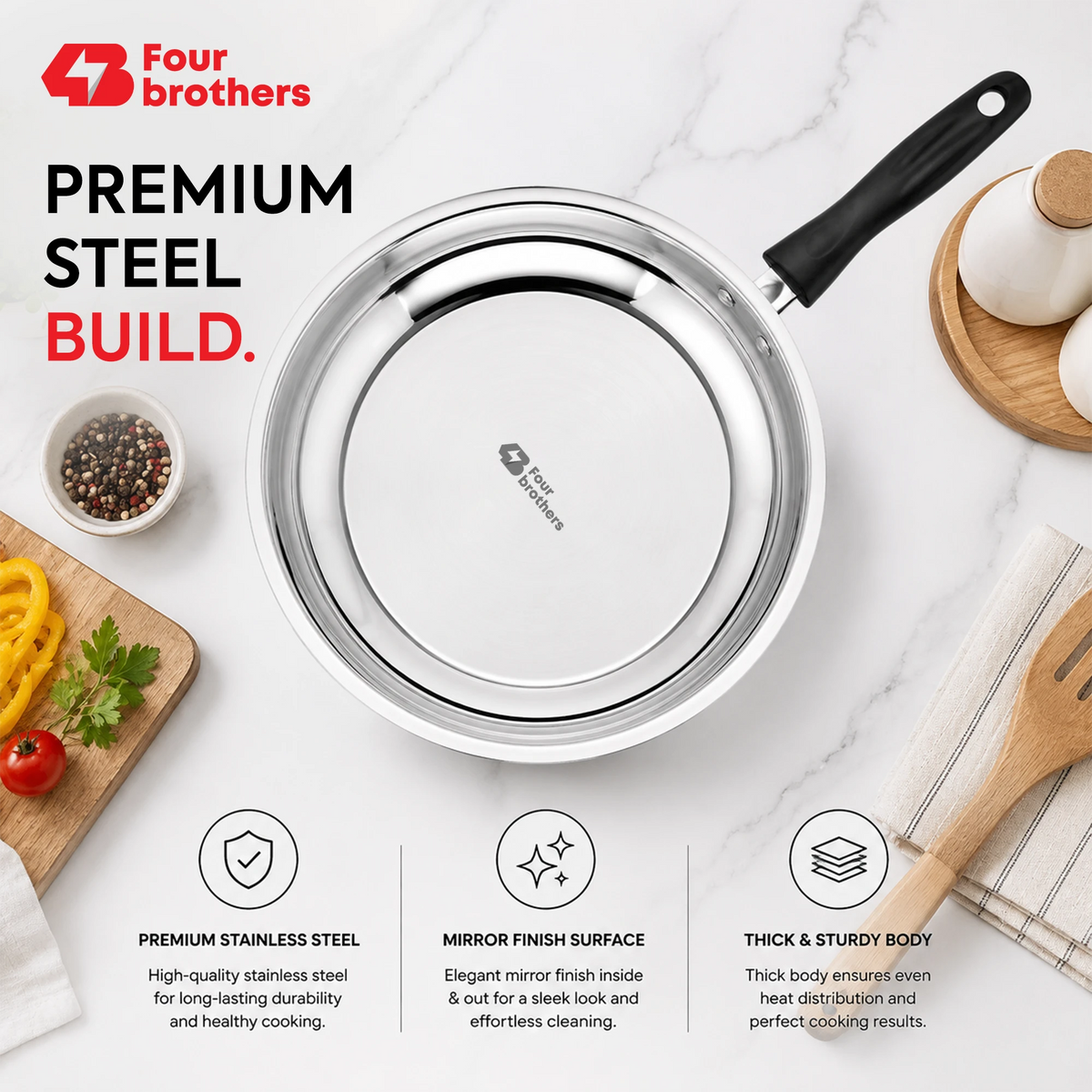Premium Stainless Steel Frypan, Mirror Polish Finish | Four Brothers