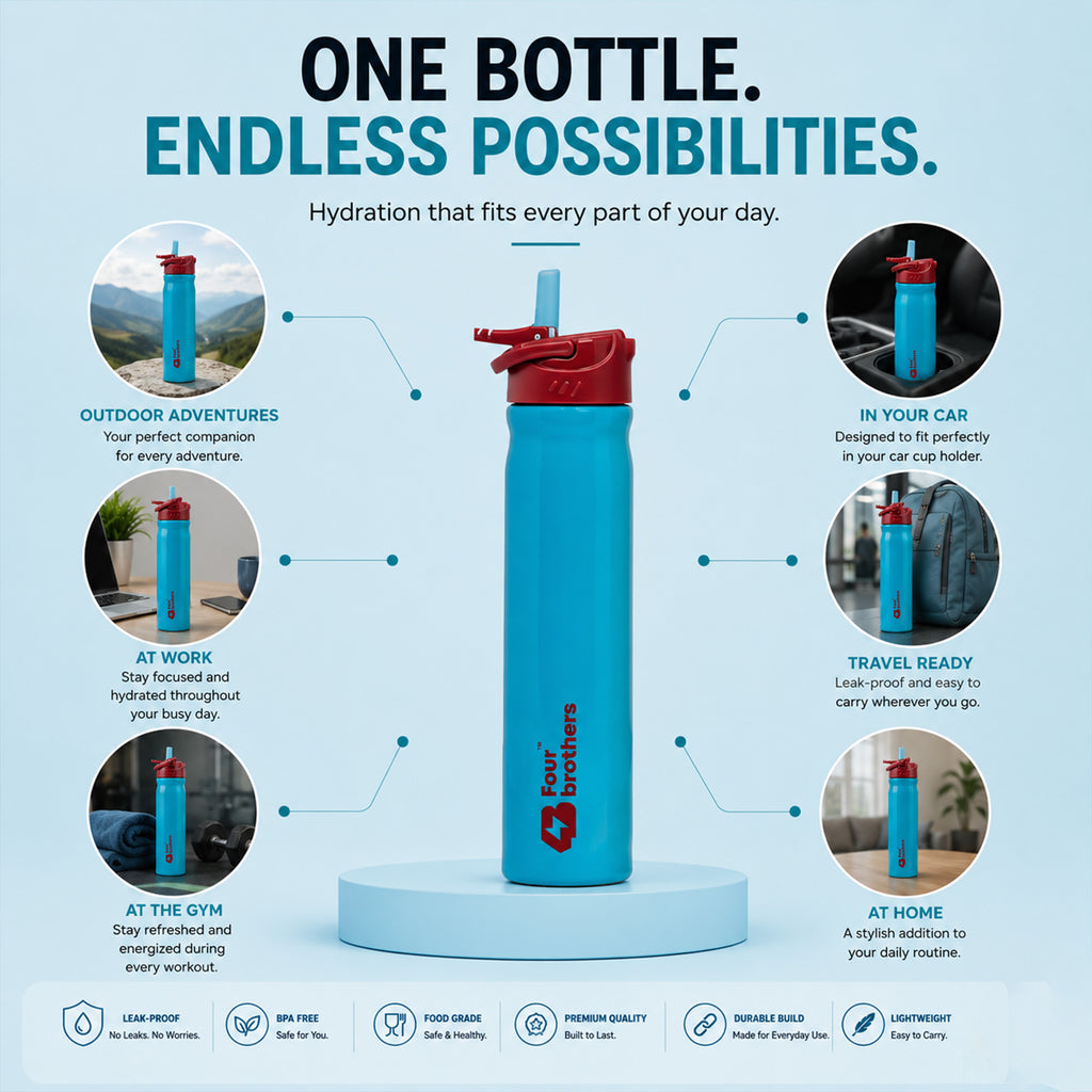 Four Brothers Stainless Steel Sipper Bottle ( Sippy ) – Single Wall, Leakproof Straw Water Bottle