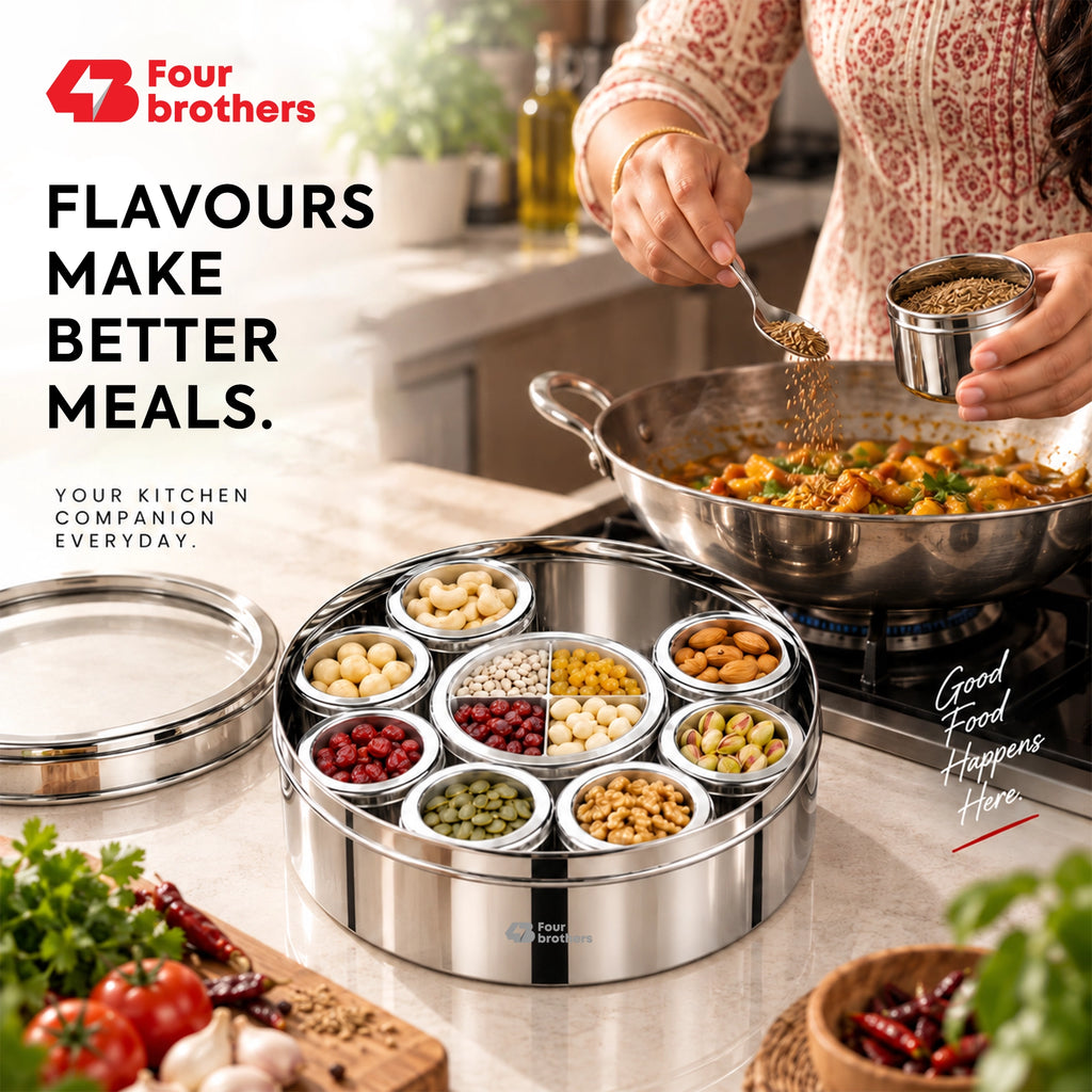 Orbit Stainless Steel Spice & Dry Fruit Box, 12 in 1 | Four Brothers