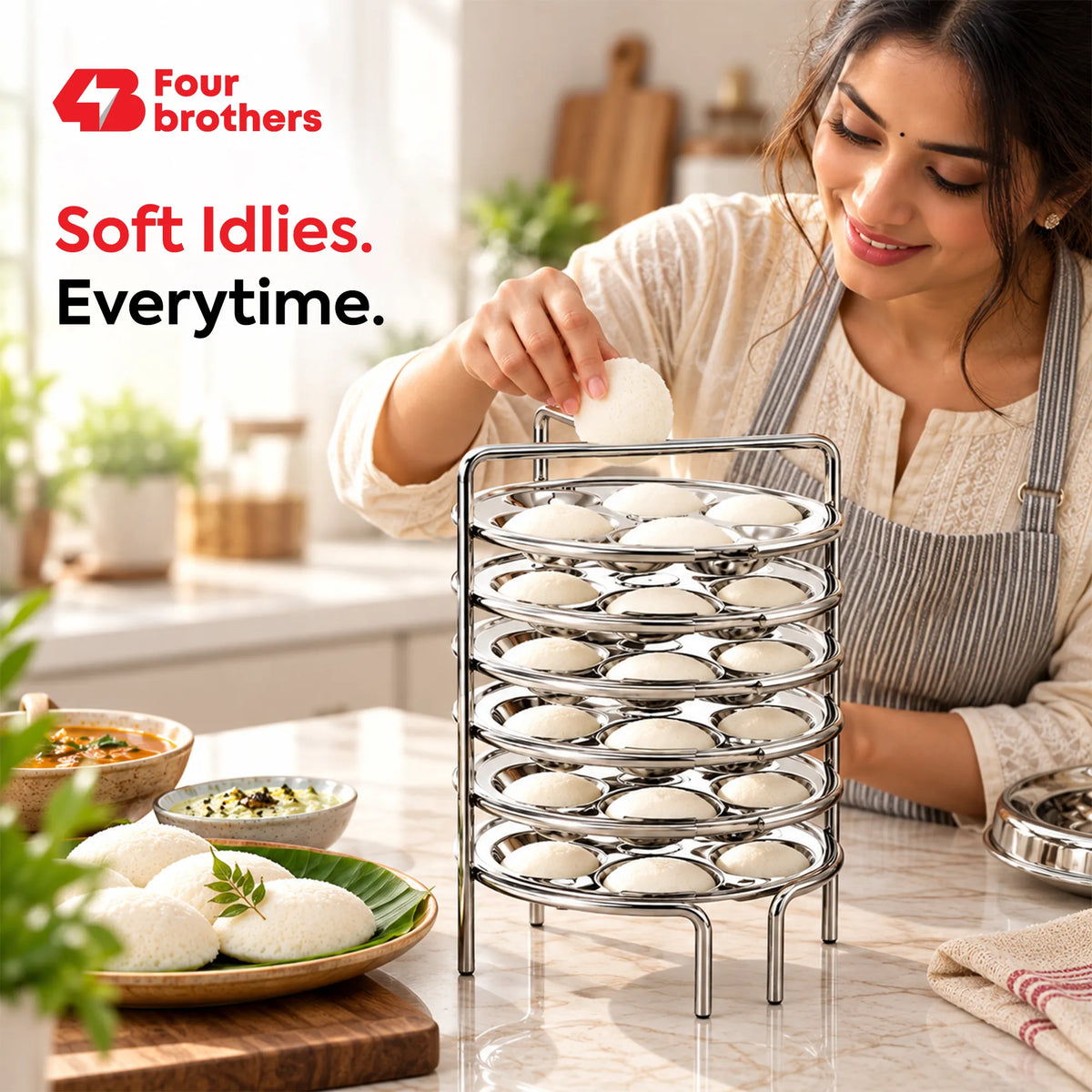 Mini Idly Stand Stainless Steel Steamer Plate, 5 Idlis Per Plate | Four Brothers