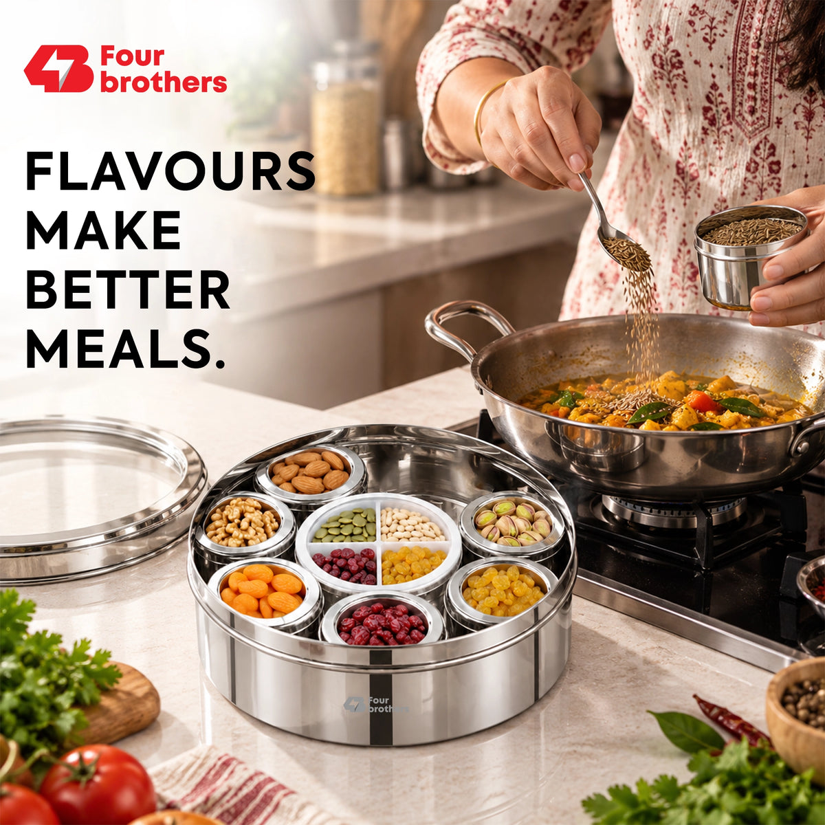 Orbit Stainless Steel Spice & Dry Fruit Box, 11 in 1 | Four Brothers