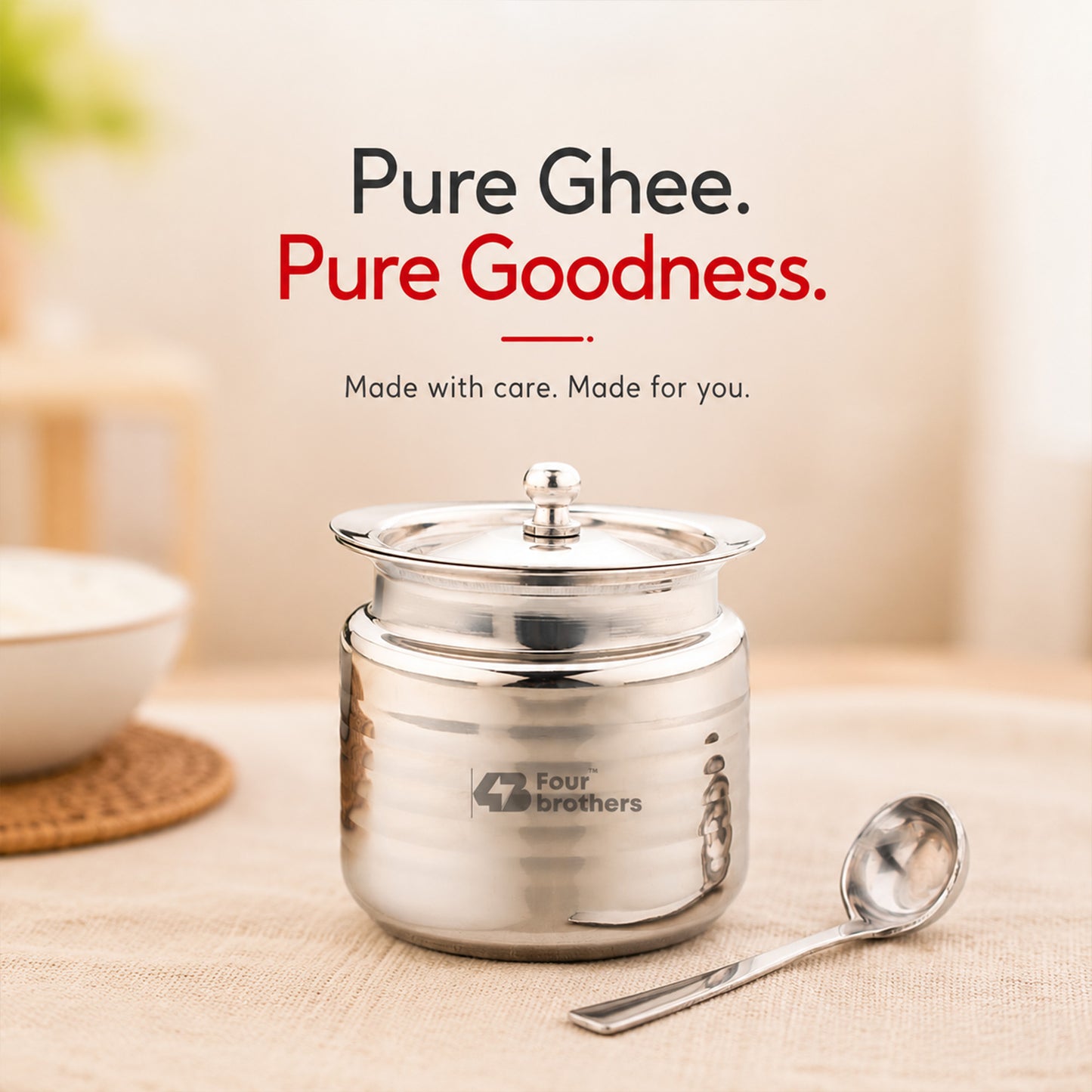 Lotus Stainless Steel Ghee Pot with Spoon