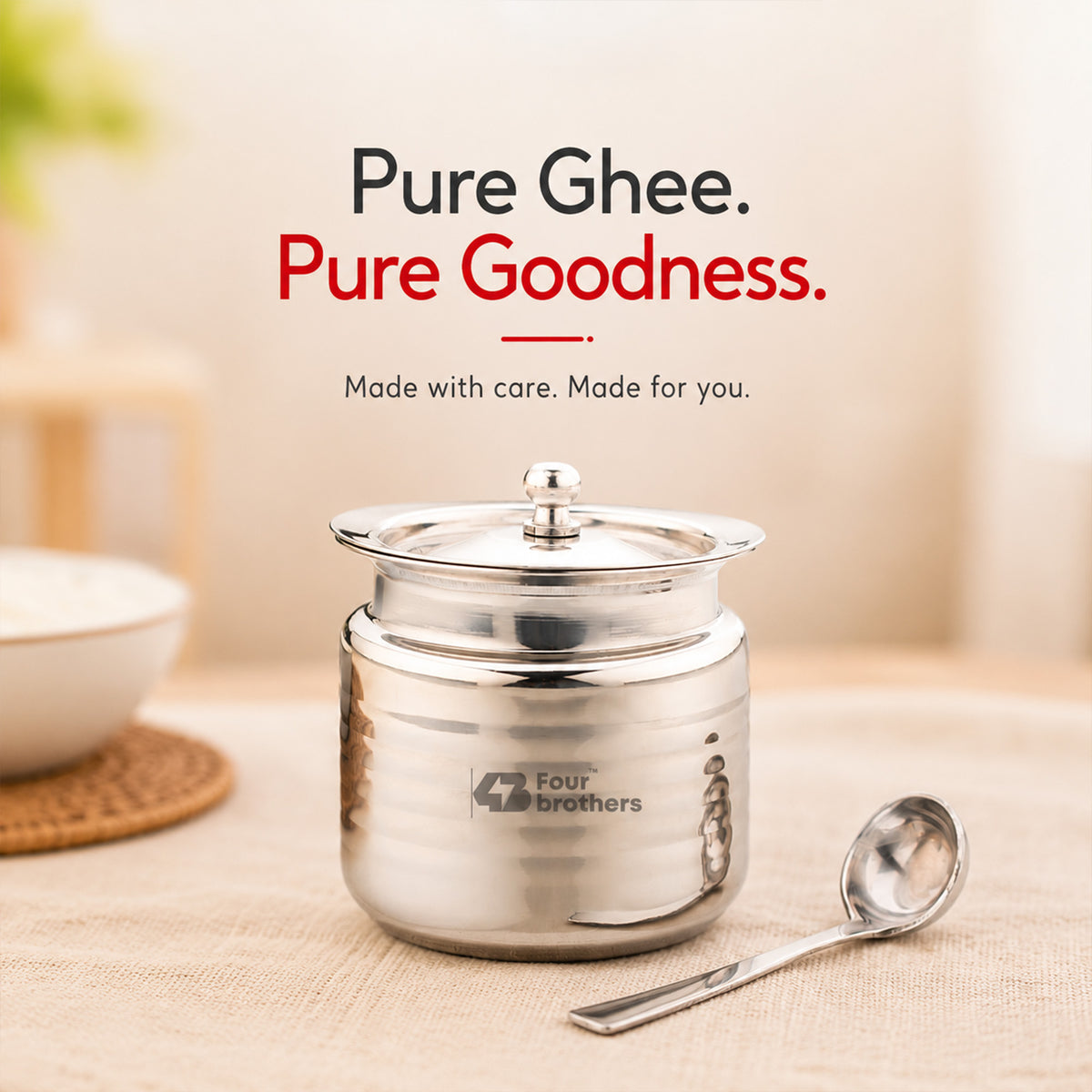 Lotus Stainless Steel Ghee Pot with Spoon | Four Brothers