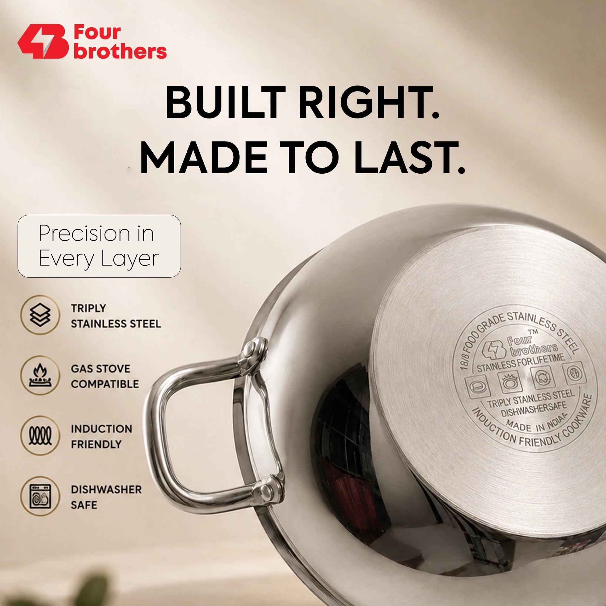 Triply Stainless Steel Kadai with Lid, Induction & Gas | Four Brothers