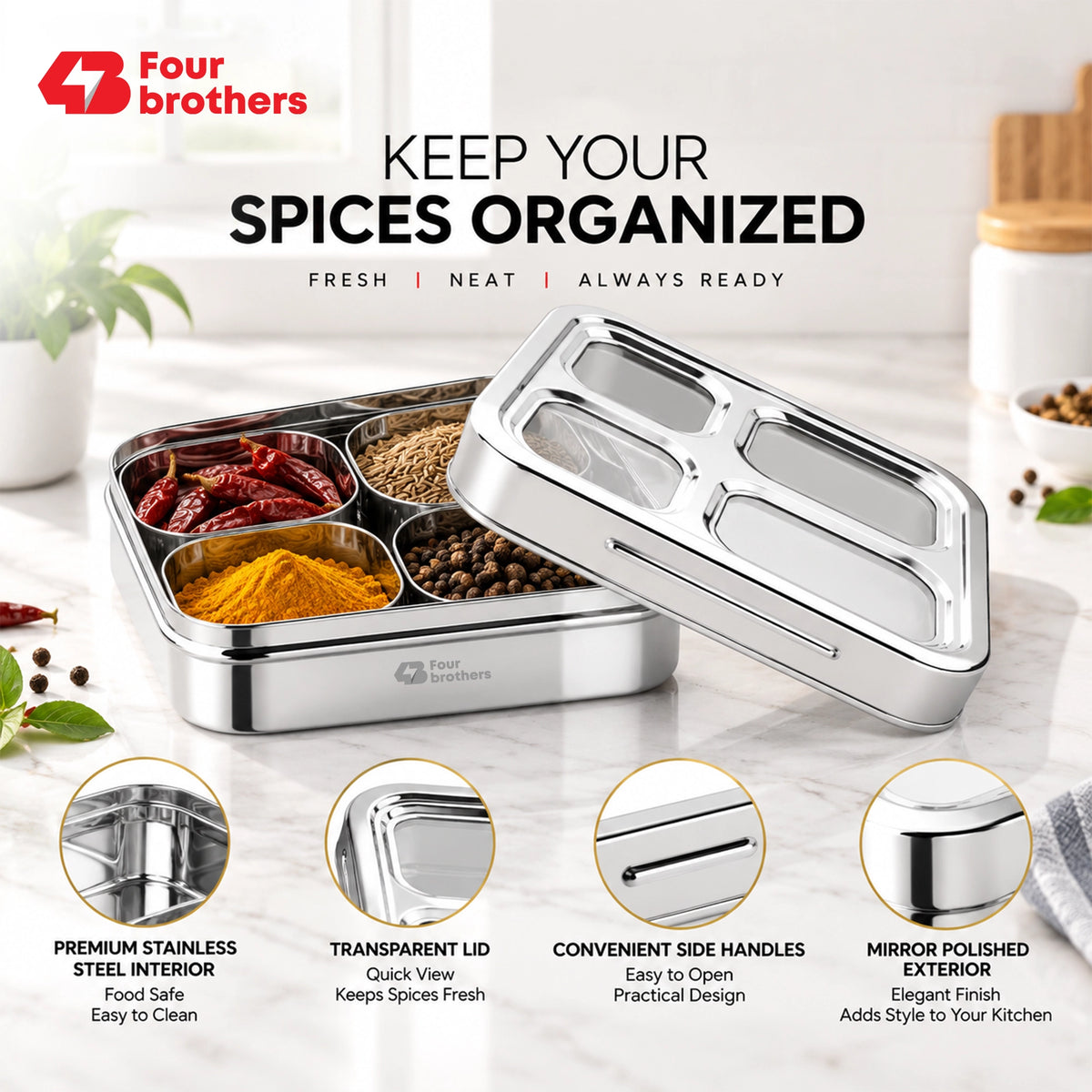 Matrix Stainless Steel Spice & Dry Fruit Box, 4 in 1 | Four Brothers