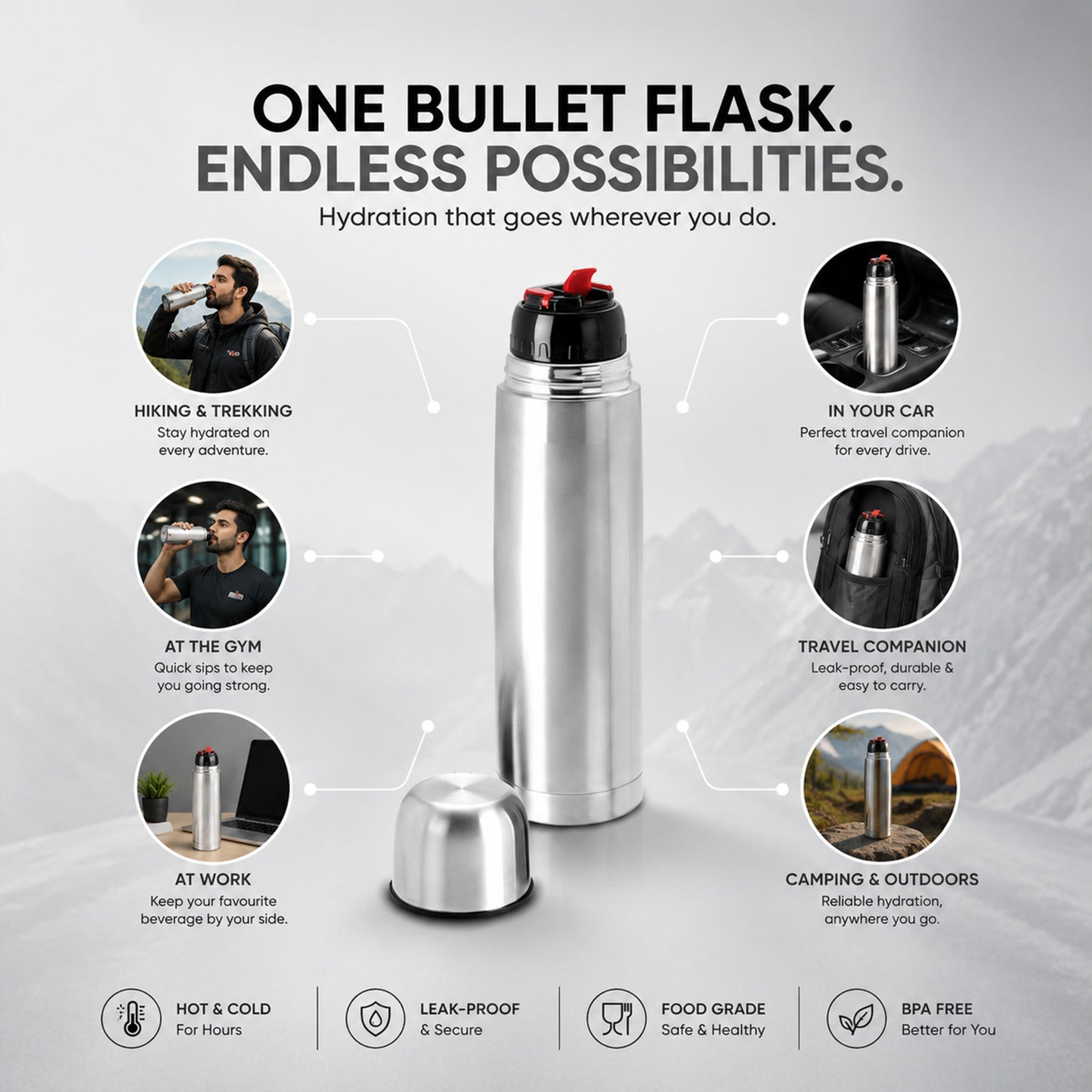 Hot and Cold Thermosteel Double Wall Inside 304 S.S Bullet Flask