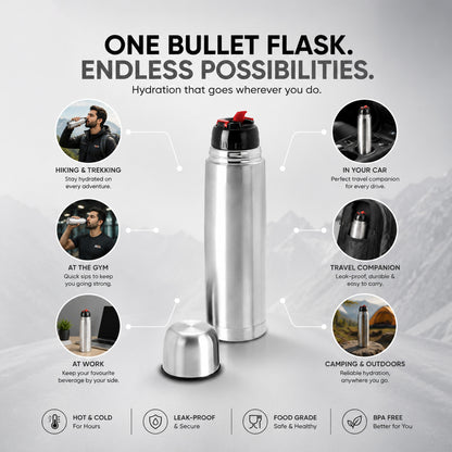 Hot and Cold Thermosteel Double Wall Inside 304 S.S Bullet Flask