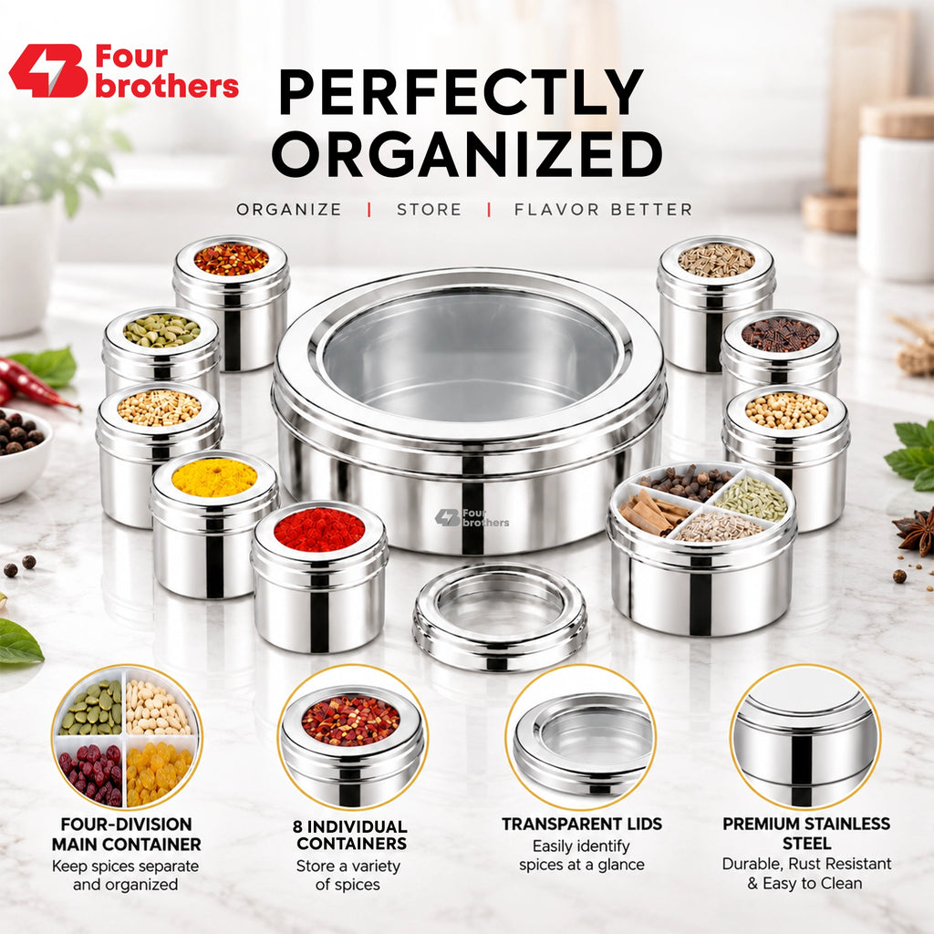 Orbit Stainless Steel Spice & Dry Fruit Box, 12 in 1 | Four Brothers