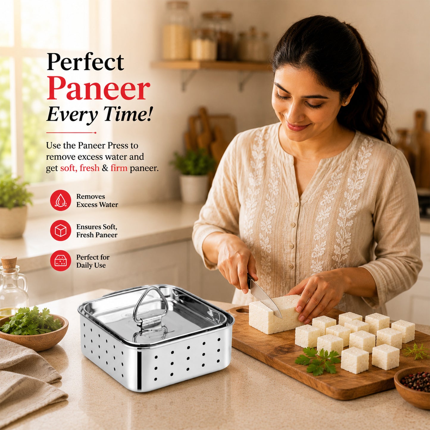 Stainless Steel Paneer Mould – 550ML Capacity (Square Shape)