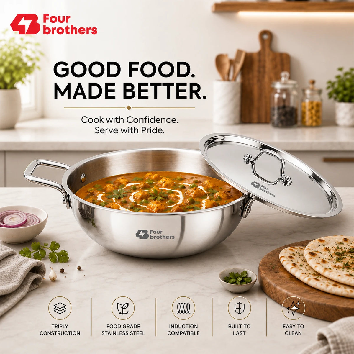 Triply Stainless Steel Kadai with Lid, Induction & Gas | Four Brothers