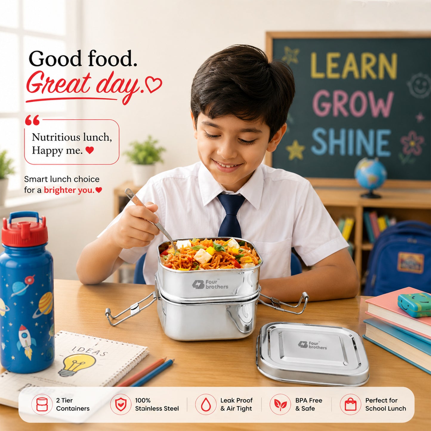 Square Lunch Box – Double Decker (100% Stainless Steel)