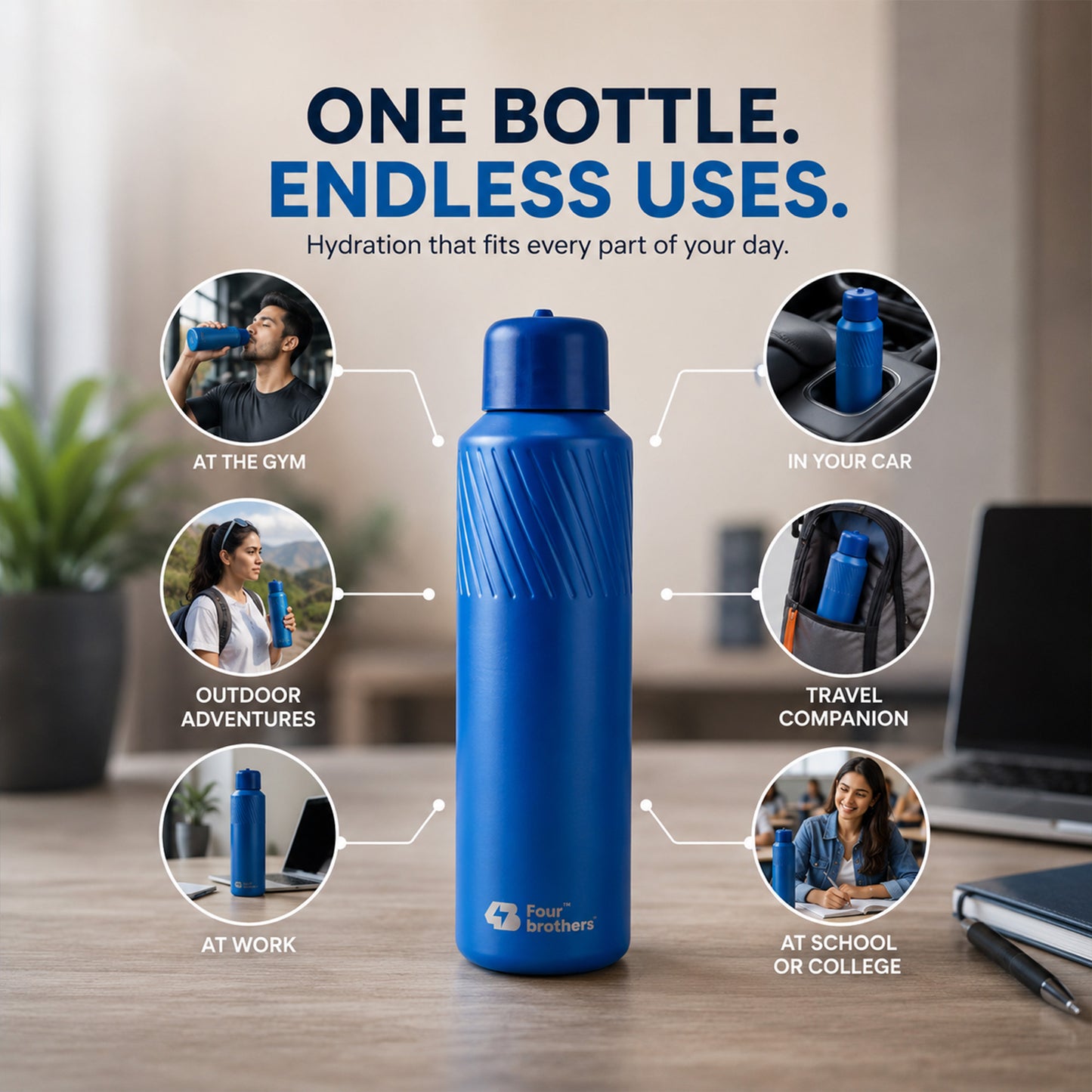 Four Brothers Insulated Water Bottle ( Aqua ) – 18Hr Hot & 24Hr Cold Stainless Steel Flask (Leakproof)