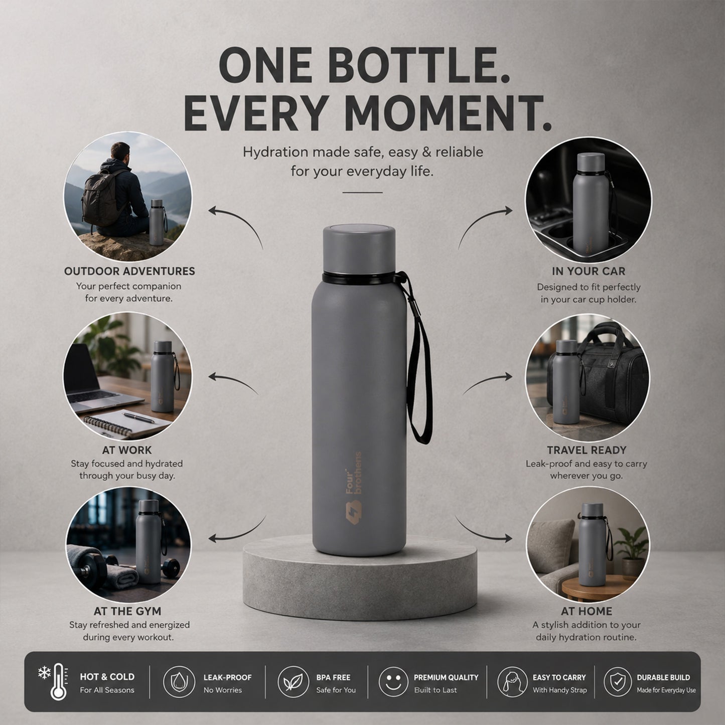 Four Brothers Insulated Water Bottle( Storm ) – 18Hr Hot & 24Hr Cold Stainless Steel Flask (Leakproof)