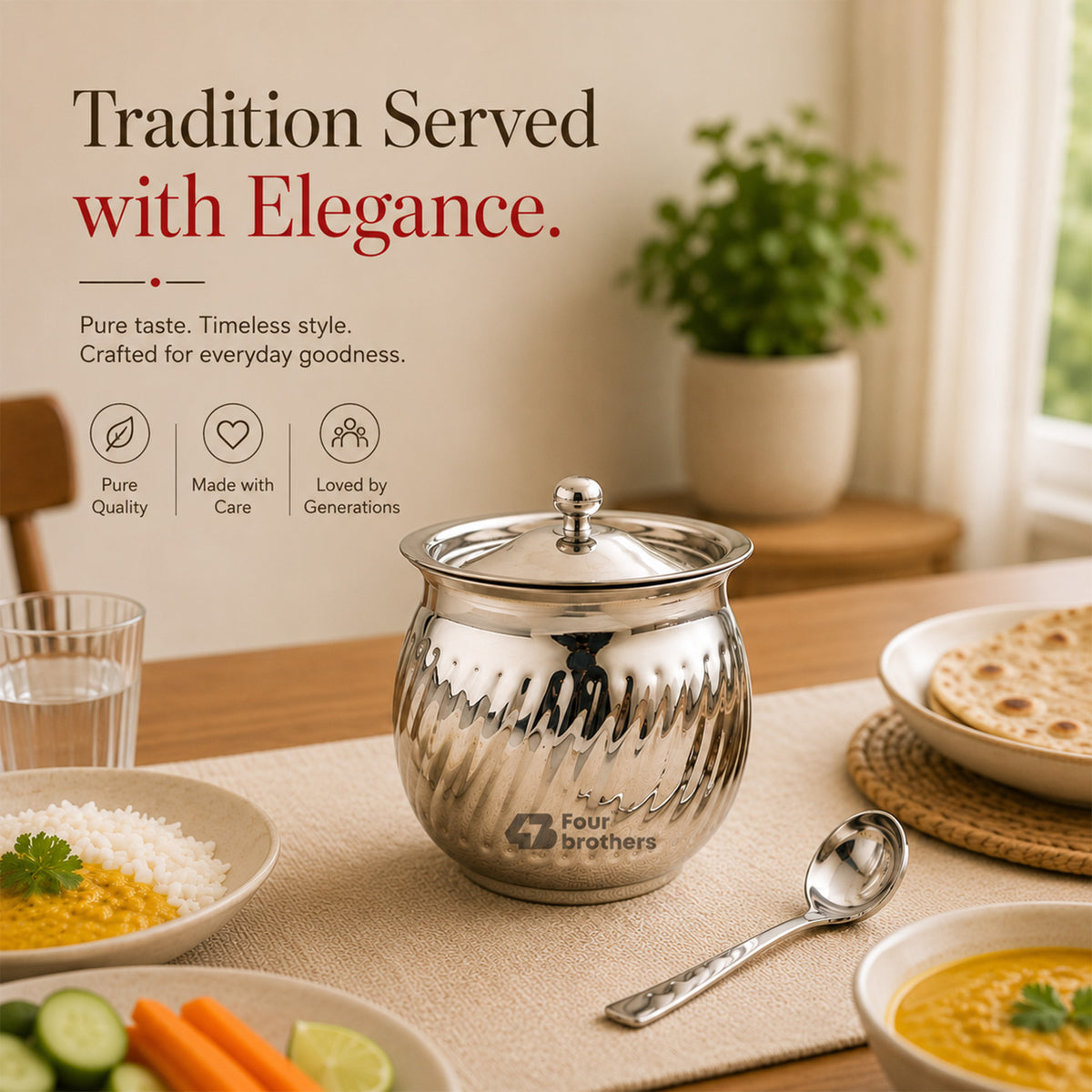 Rotary Stainless Steel Ghee Pot with Spoon | Four Brothers