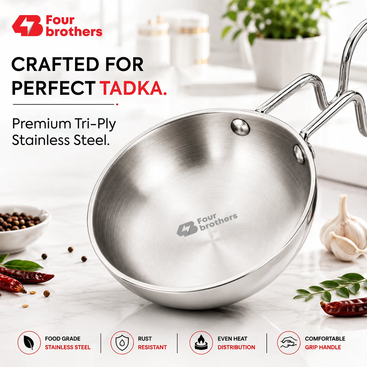 Triply Stainless Steel Tadka Pan, Induction & Gas | Four Brothers