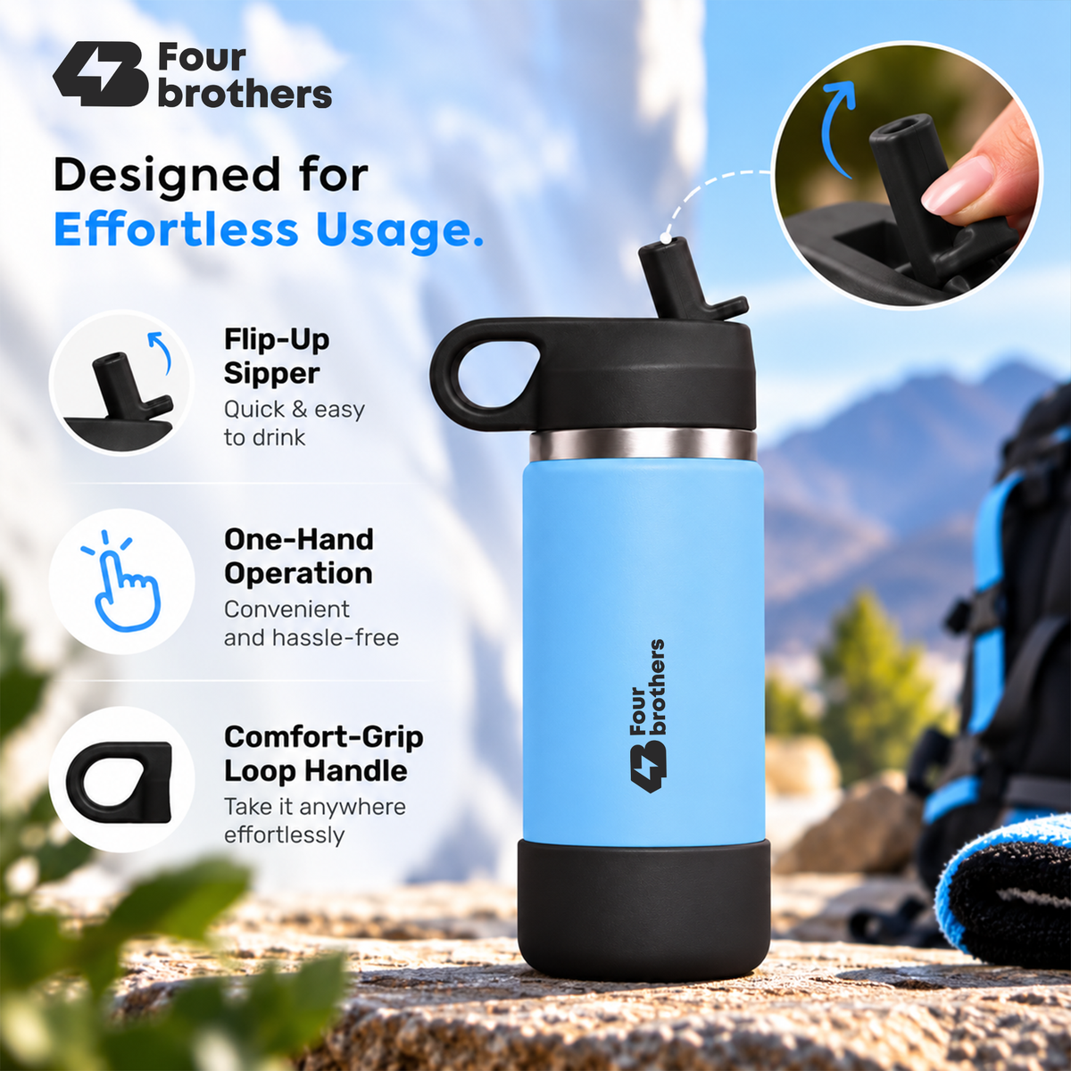 Wave Active Hot and Cold Stainless Steel Straw Bottle 600ml Four Brothers