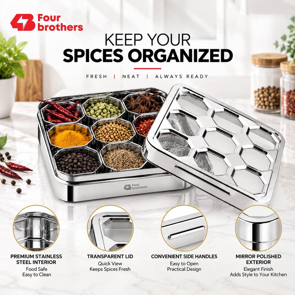 Matrix Stainless Steel Spice & Dry Fruit Box, 9 in 1 | Four Brothers