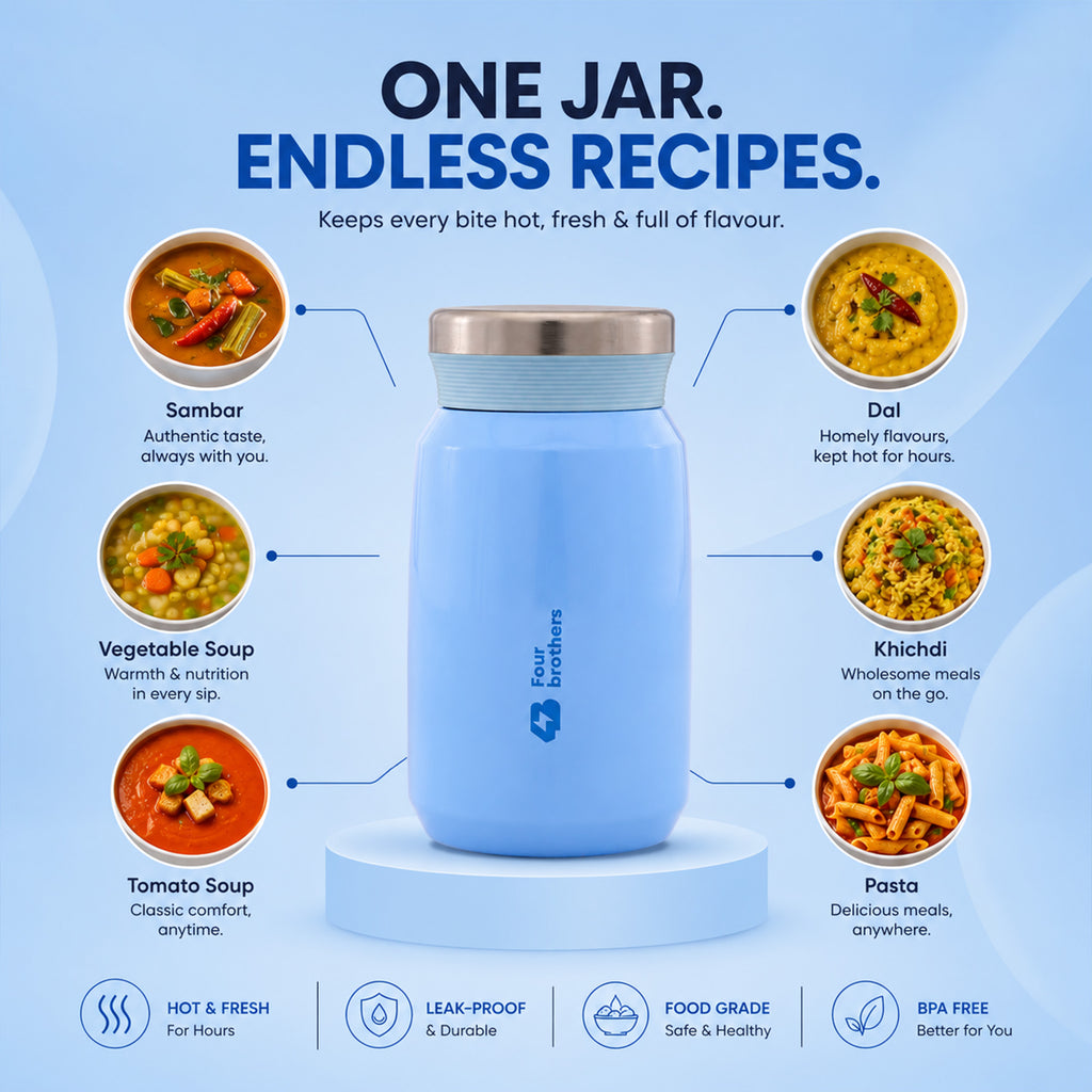 Four Brothers Insulated Food Jar – Hot & Cold Stainless Steel Container for Sambar, Rasam & Buttermilk (Leakproof, Travel-Friendly)