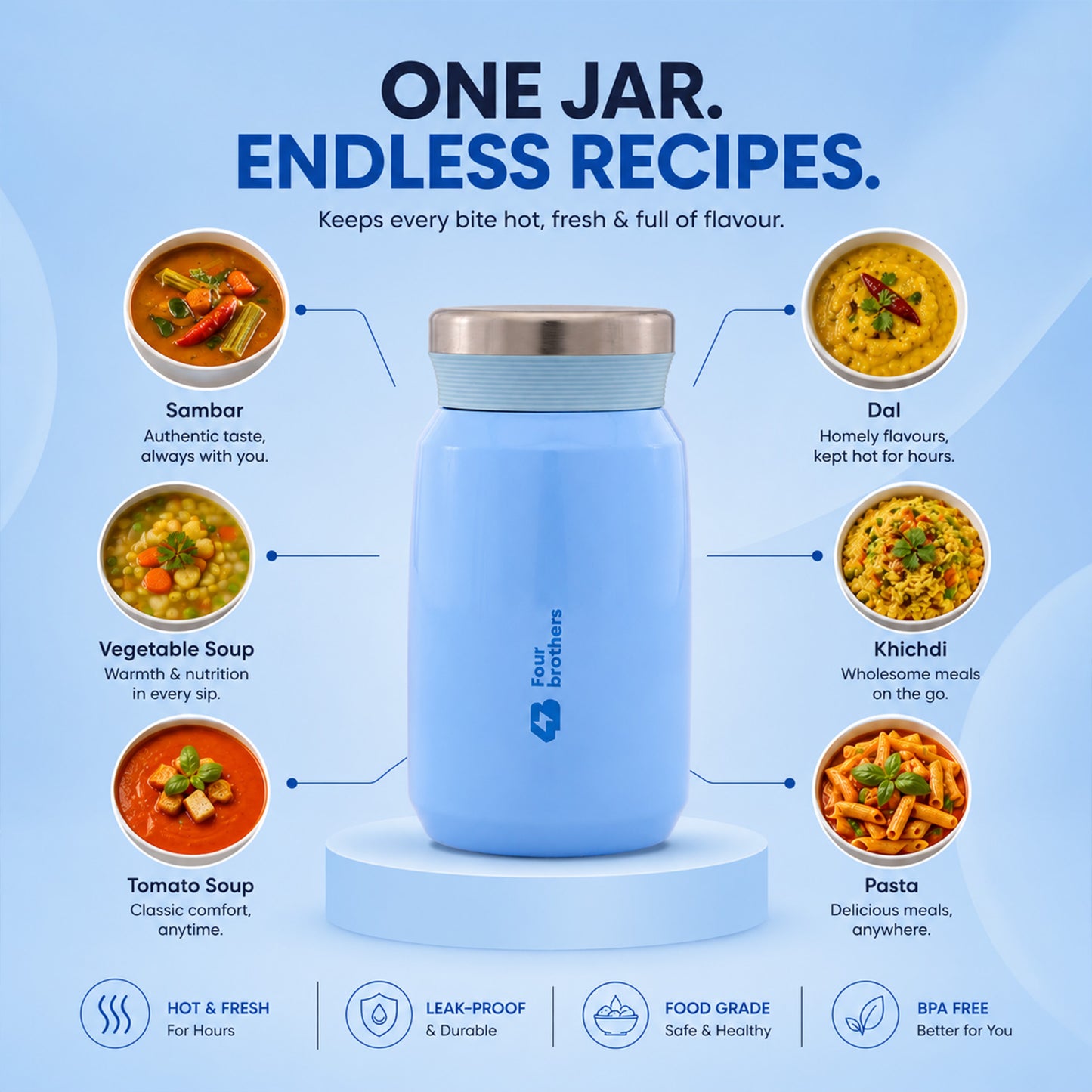 Four Brothers Insulated Food Jar – Hot & Cold Stainless Steel Container for Sambar, Rasam & Buttermilk (Leakproof, Travel-Friendly)