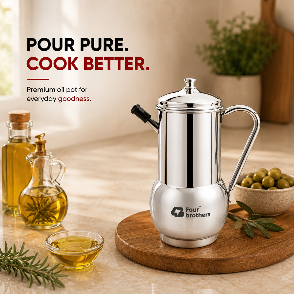 Fossil Stainless Steel Oil Storage Pot – Spill-Proof, 500ml to 1L