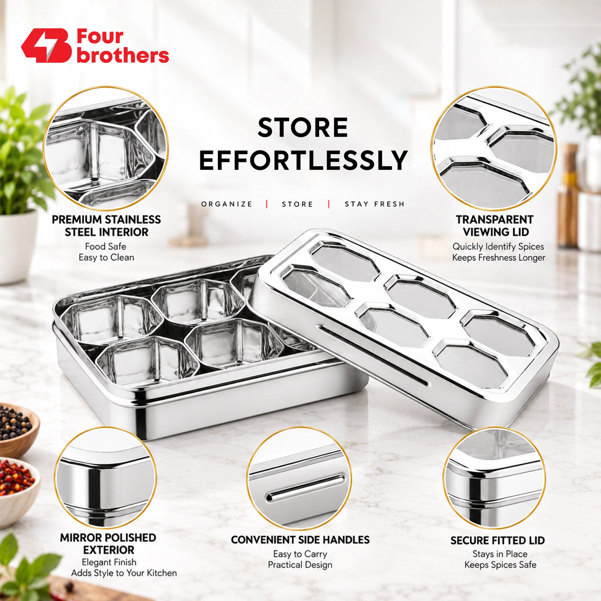 Prism Stainless Steel Spice & Dry Fruit Box, 6 in 1 | Four Brothers