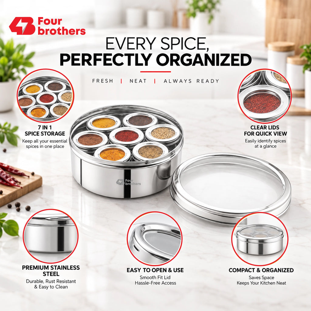 Orbit Stainless Steel Spice & Dry Fruit Box, 7 in 1 | Four Brothers