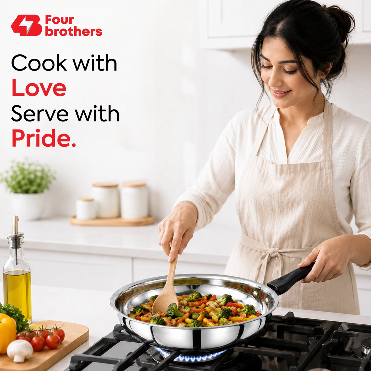 Premium Stainless Steel Frypan, Mirror Polish Finish | Four Brothers