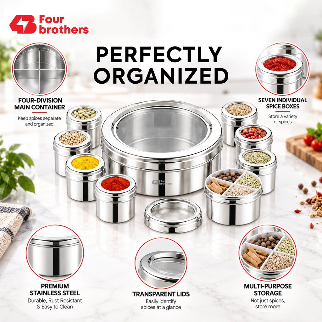 Orbit Stainless Steel Spice & Dry Fruit Box, 11 in 1 | Four Brothers