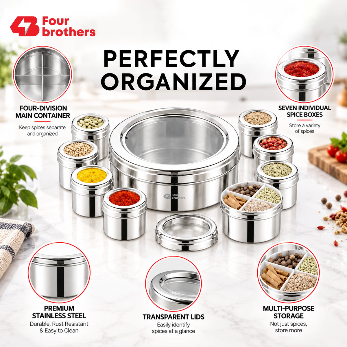 Orbit Stainless Steel Spice & Dry Fruit Box, 11 in 1 | Four Brothers