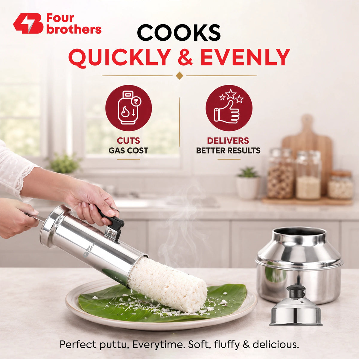 Puttu Kodam Stainless Steel Puttu Maker, Flat and Bulging | Four Brothers