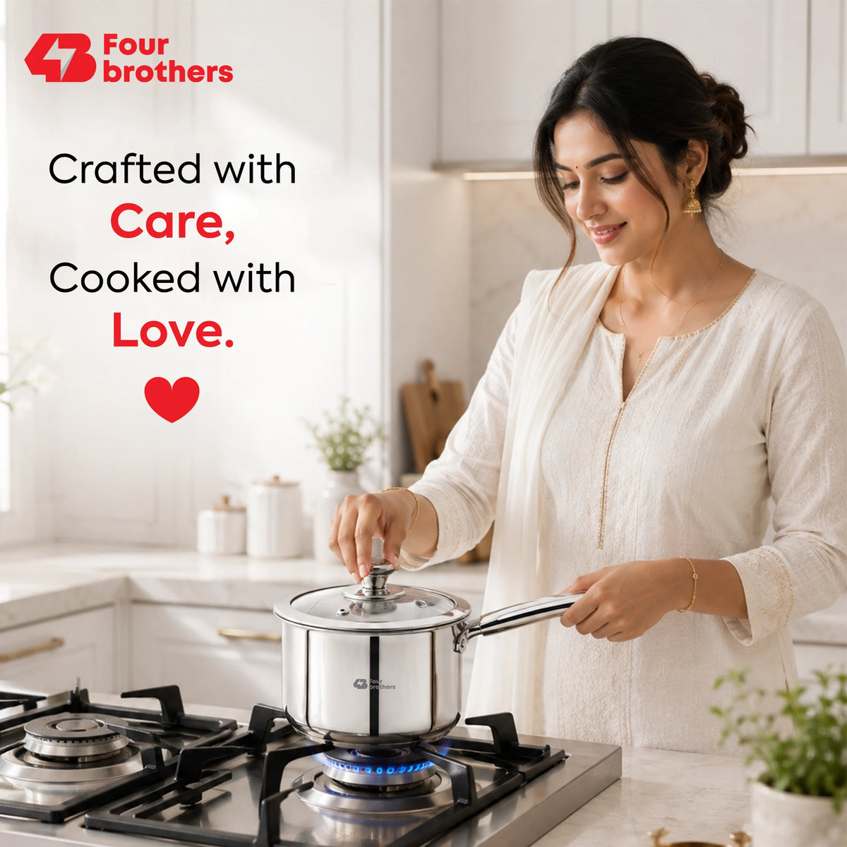 Stainless Steel Triply Saucepan with Toughened Glass Lid | Four Brothers
