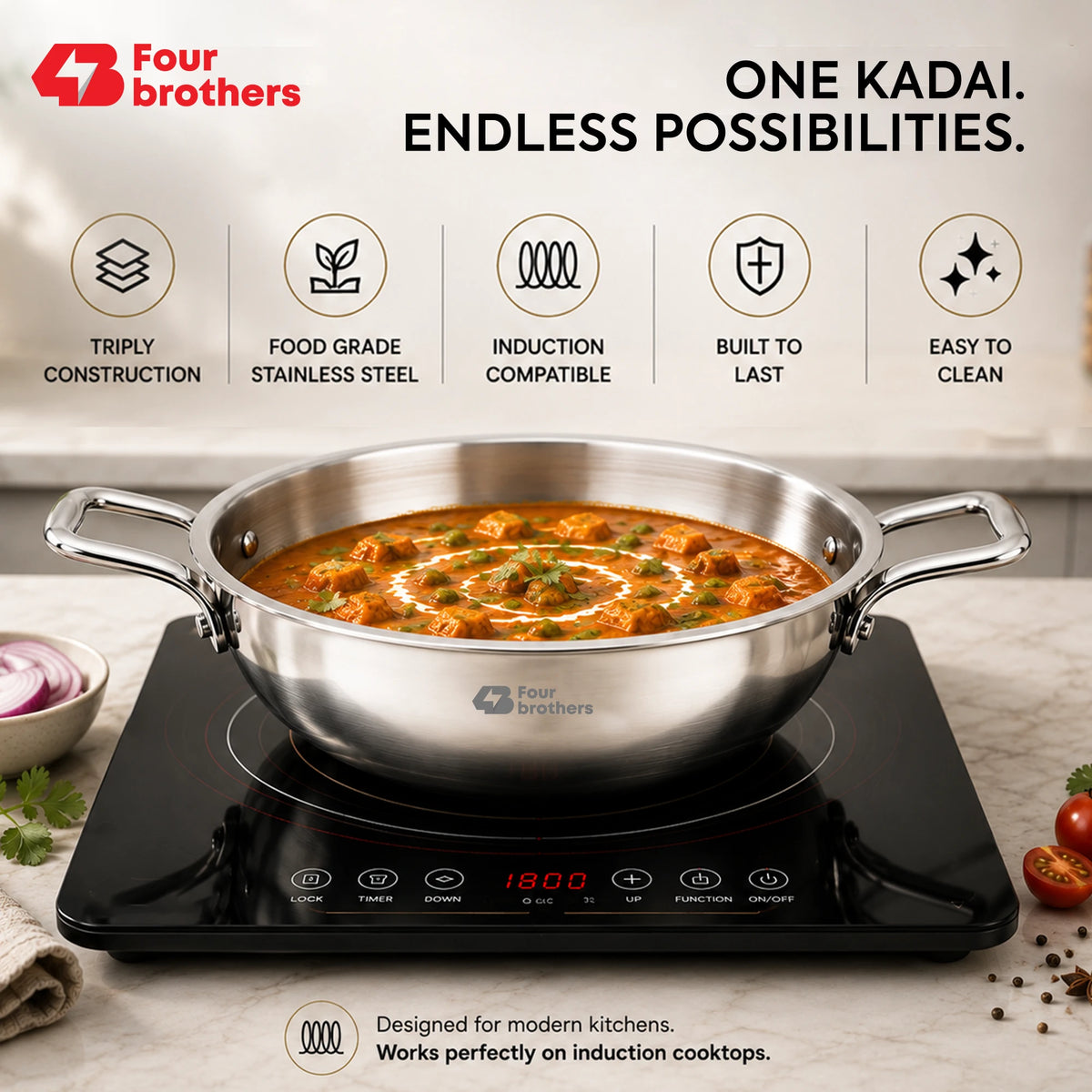 Triply Stainless Steel Kadai with Lid, Induction & Gas | Four Brothers