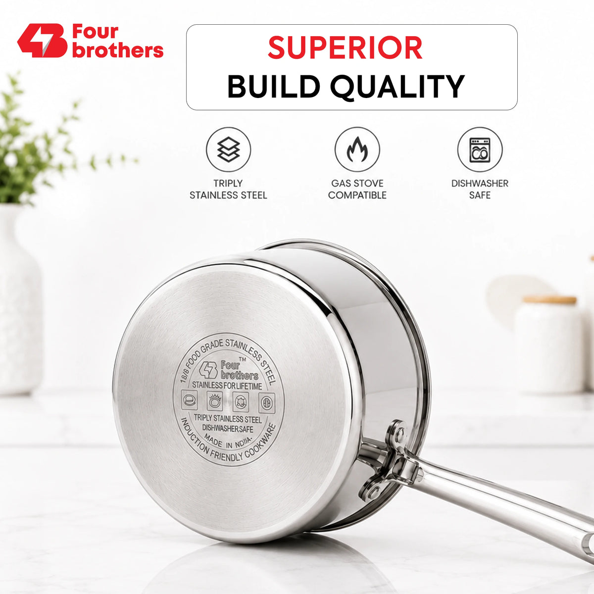 Stainless Steel Triply Saucepan with Toughened Glass Lid | Four Brothers