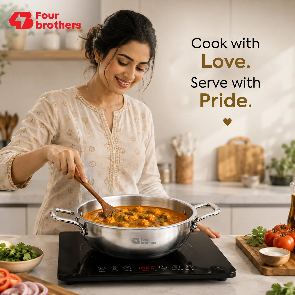 Triply Stainless Steel Kadai with Lid, Induction & Gas | Four Brothers