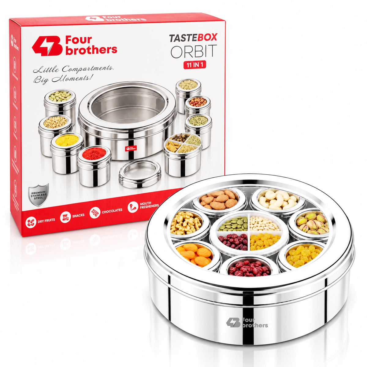 Orbit Stainless Steel Spice & Dry Fruit Box, 11 in 1 | Four Brothers