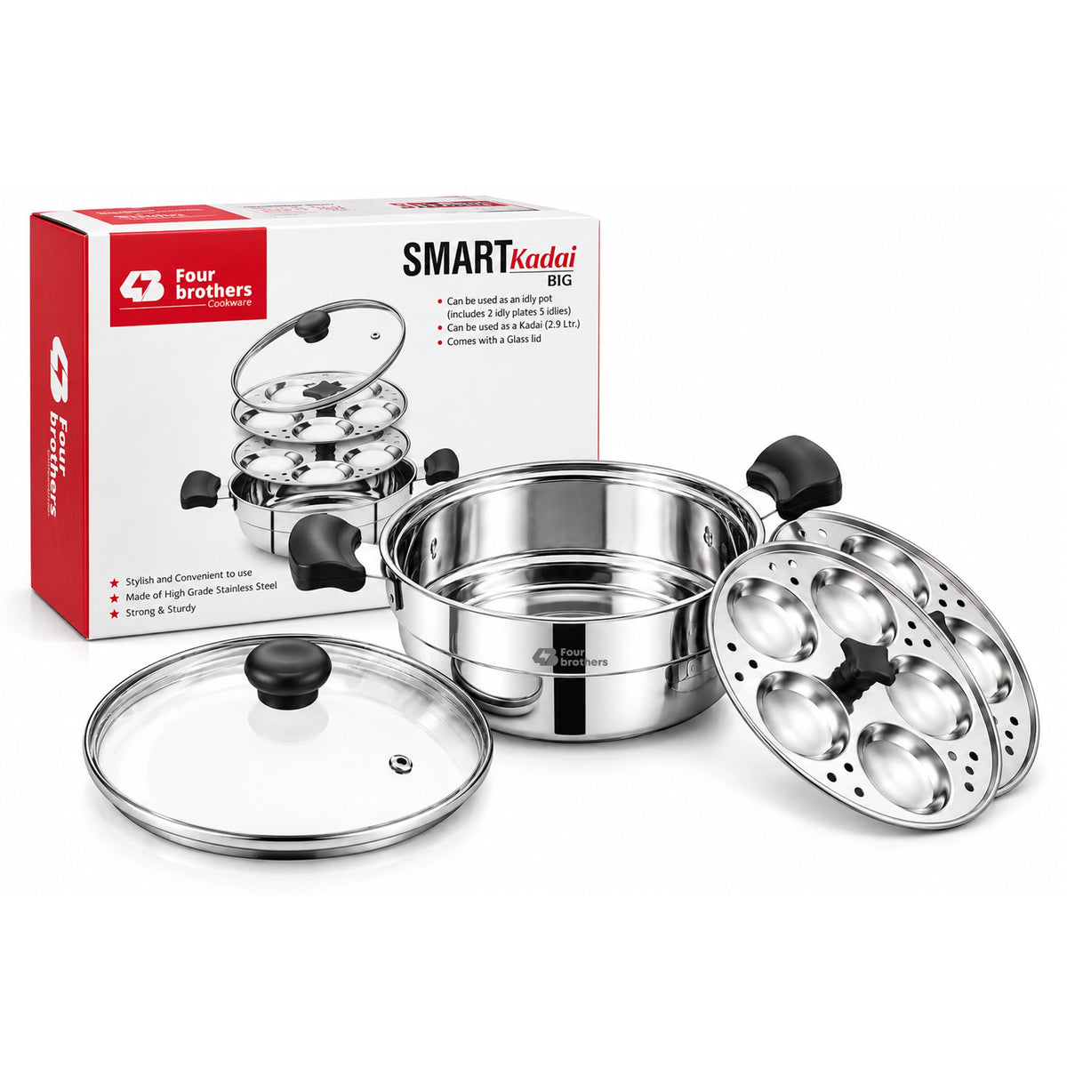 Smart Multi Kadai and Idly Pot with Glass Lid, Stainless Steel | Four Brothers
